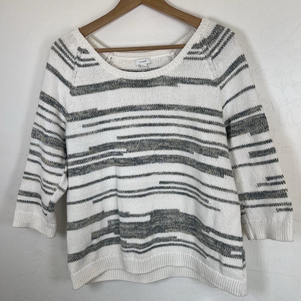 Pure Jill J Jill Sweater womens Sz S White Stripe 3/4 Sleeve Beachy Coastal